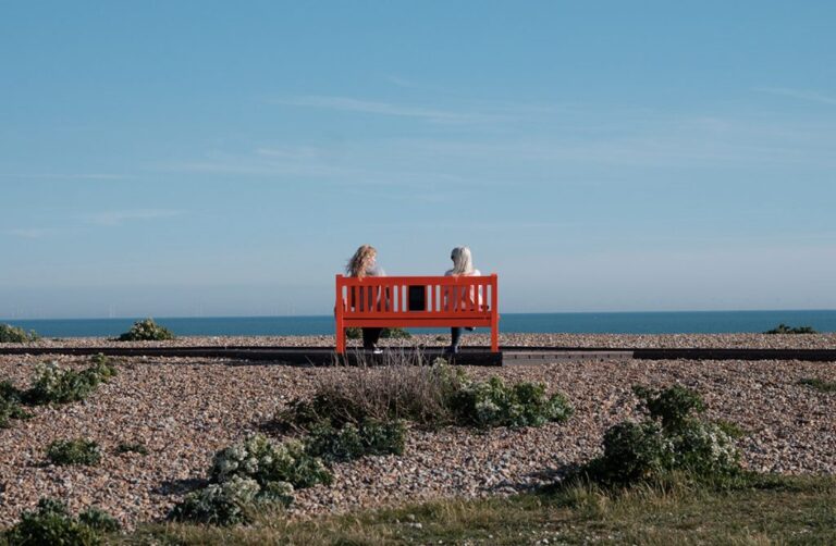Two people sitting on a red bench on the seafront